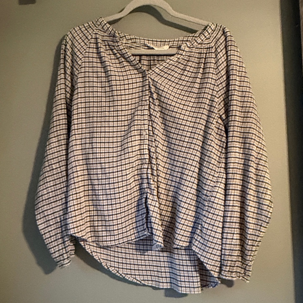 Lucky Brand brown/black/grey plaid top. Size M